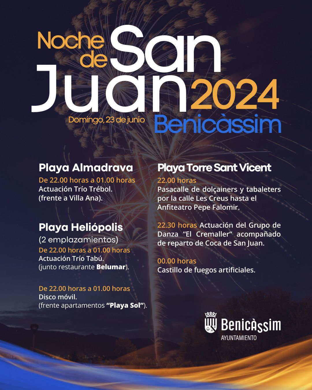 Cartel con la programación de la noche de San Juan 2024 en Benicàssim