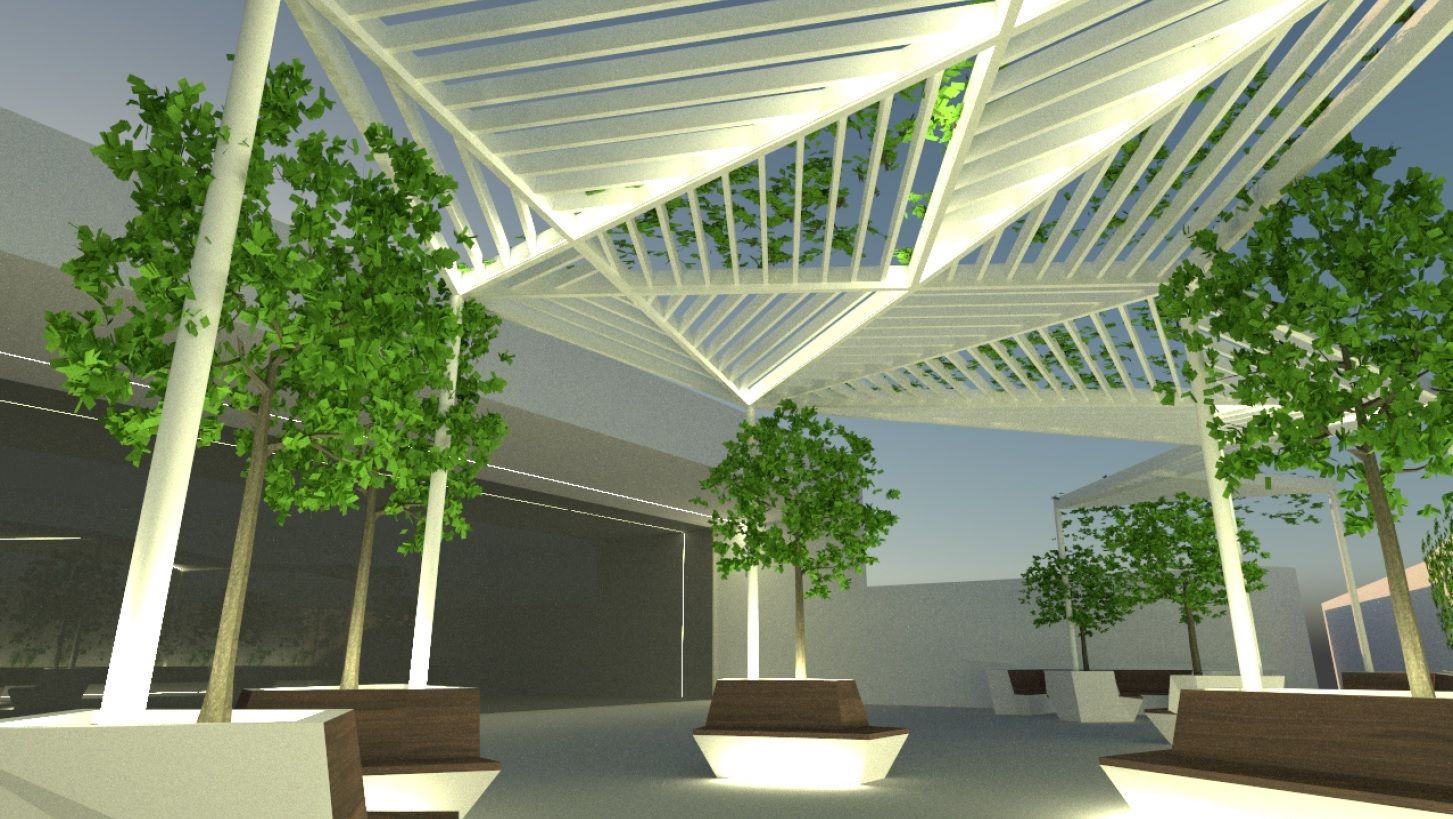 Simulació virtual de com quedarà la futura pèrgola al pati del Mercat de Vinaròs