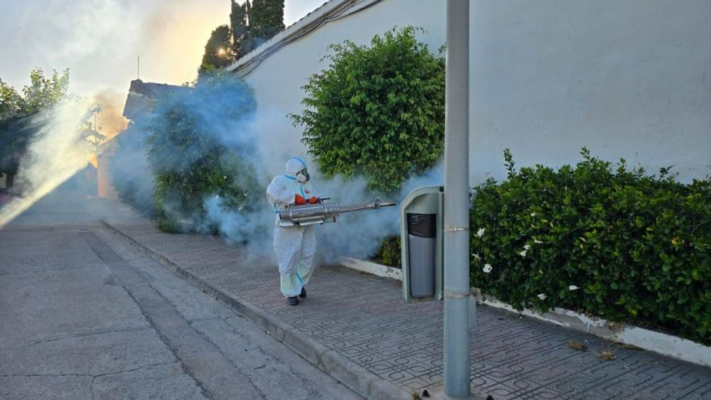 Un operari en la campanya contra mosquits en el cementeri de Borriana