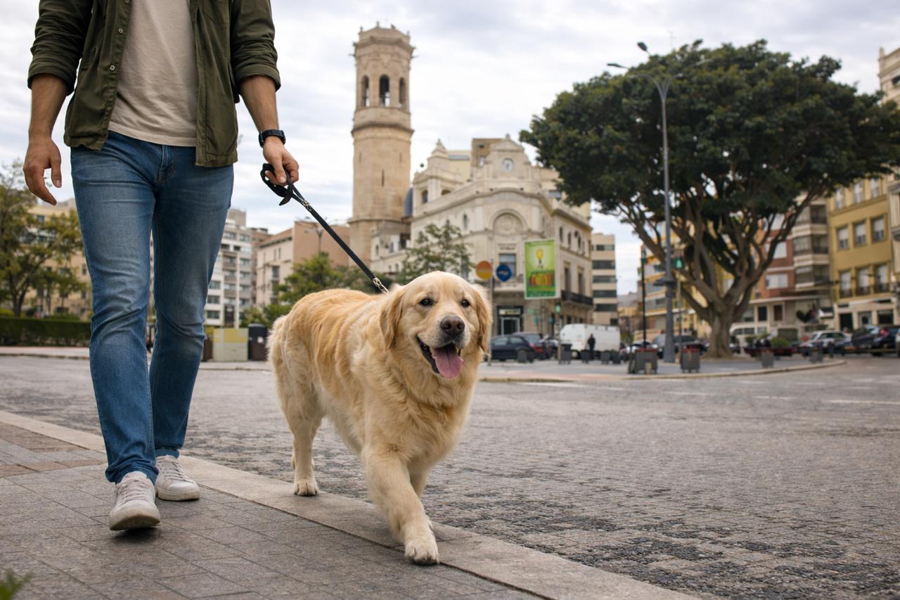 Un home passeja al seu gos als carrers de Borriana